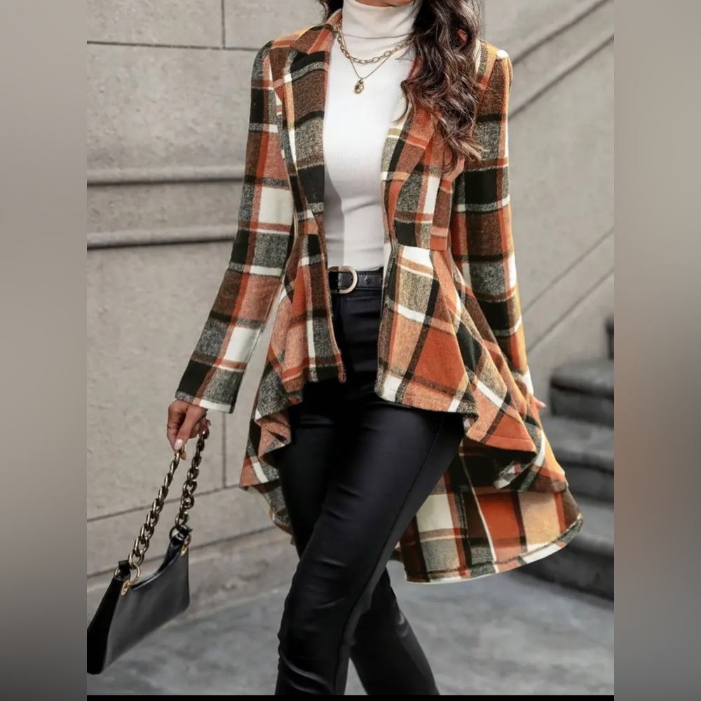 Plaid Open Front Long Jacket